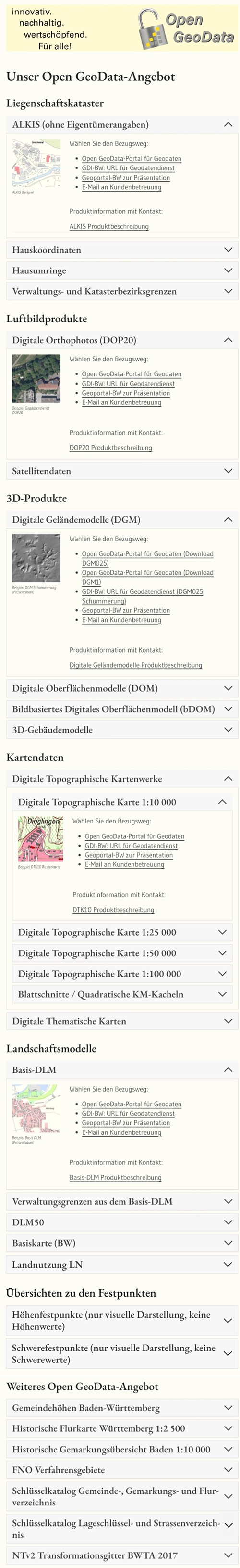 Auszug aus der Open GeoData Seite: opendata.lgl-bw.de